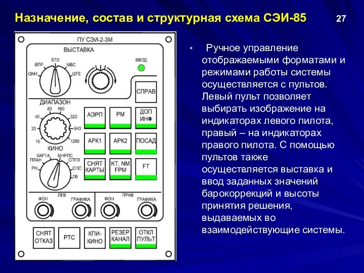 Ручное управление отображаемыми форматами и режимами работы системы осуществляется с пультов.