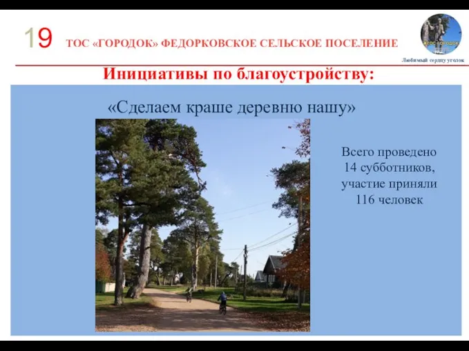 ТОС «ГОРОДОК» ФЕДОРКОВСКОЕ СЕЛЬСКОЕ ПОСЕЛЕНИЕ 19 Инициативы по благоустройству: Любимый сердцу