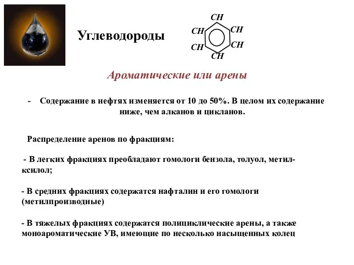 Ароматические или арены Углеводороды CН Распределение аренов по фракциям: - В