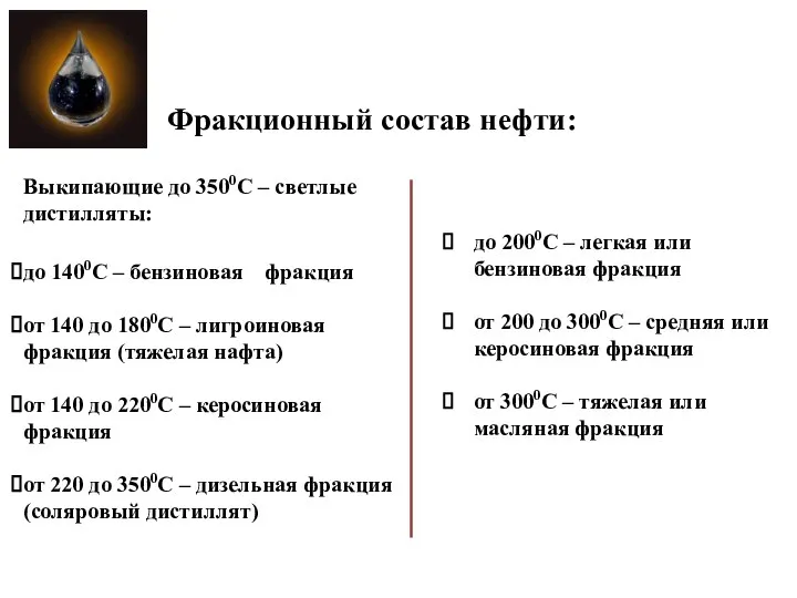 Выкипающие до 3500С – светлые дистилляты: до 1400С – бензиновая фракция