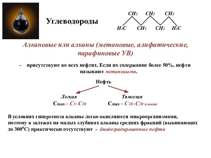 Алкановые или алканы (метановые, алифатические, парафиновые УВ) Углеводороды присутствуют во всех