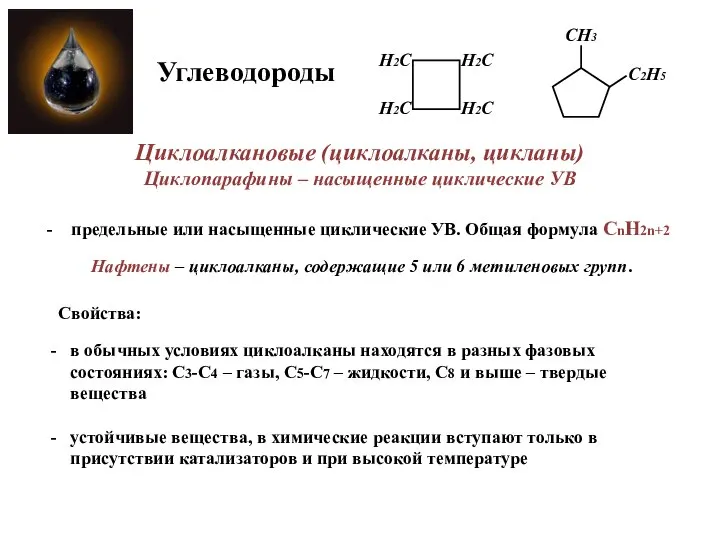 Циклоалкановые (циклоалканы, цикланы) Циклопарафины – насыщенные циклические УВ Углеводороды Нафтены –