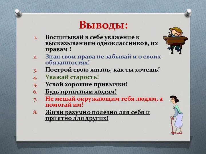 Выводы: Воспитывай в себе уважение к высказываниям одноклассников, их правам !