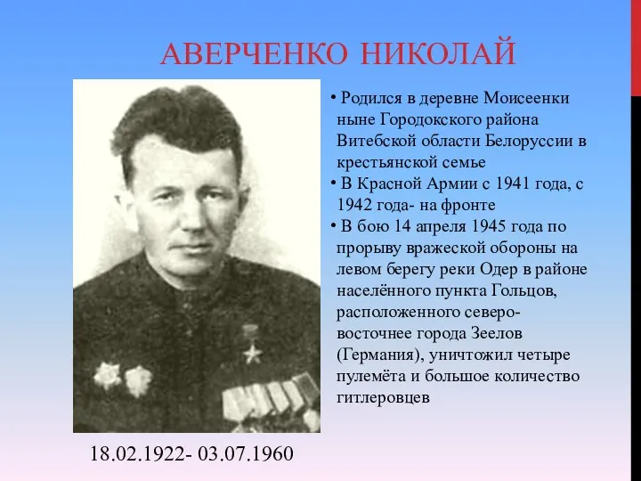 АВЕРЧЕНКО НИКОЛАЙ Родился в деревне Моисеенки ныне Городокского района Витебской области