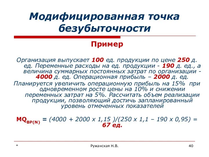 * Ружанская Н.В. Модифицированная точка безубыточности Пример Организация выпускает 100 ед.