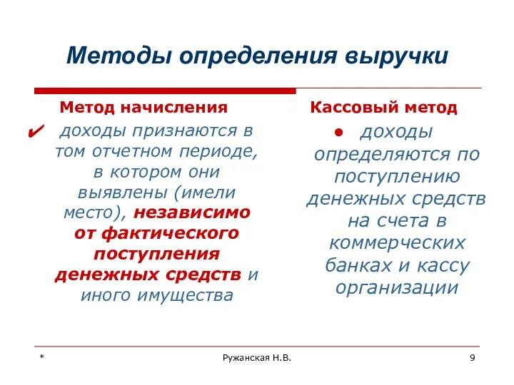 * Ружанская Н.В. Методы определения выручки Метод начисления доходы признаются в