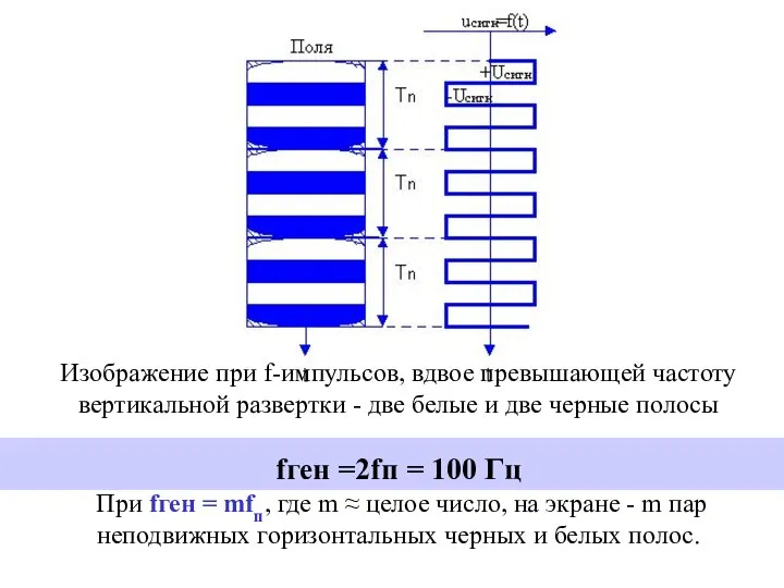 Изображение при f-импульсов, вдвое превышающей частоту вертикальной развертки - две белые