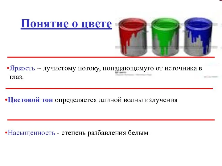 Понятие о цвете Яркость ~ лучистому потоку, попадающемуго от источника в