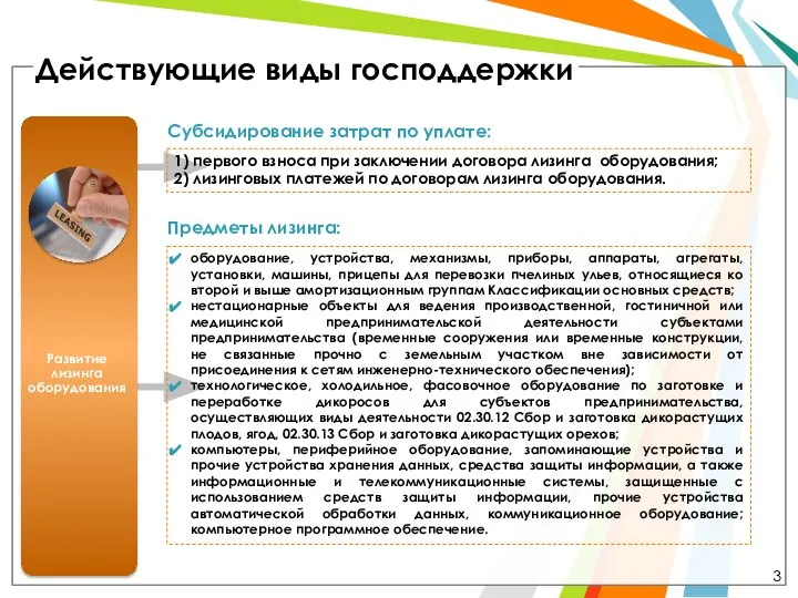 Действующие виды господдержки Субсидирование затрат по уплате: оборудование, устройства, механизмы, приборы,