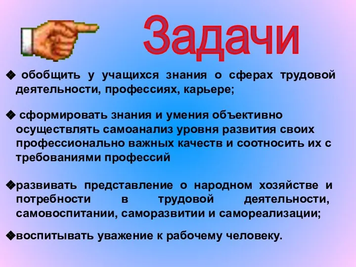 обобщить у учащихся знания о сферах трудовой деятельности, профессиях, карьере; Задачи