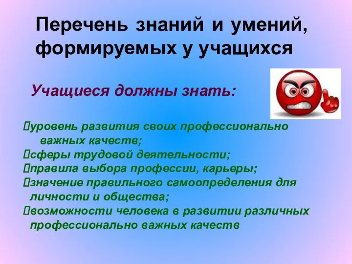 Перечень знаний и умений, формируемых у учащихся уровень развития своих профессионально