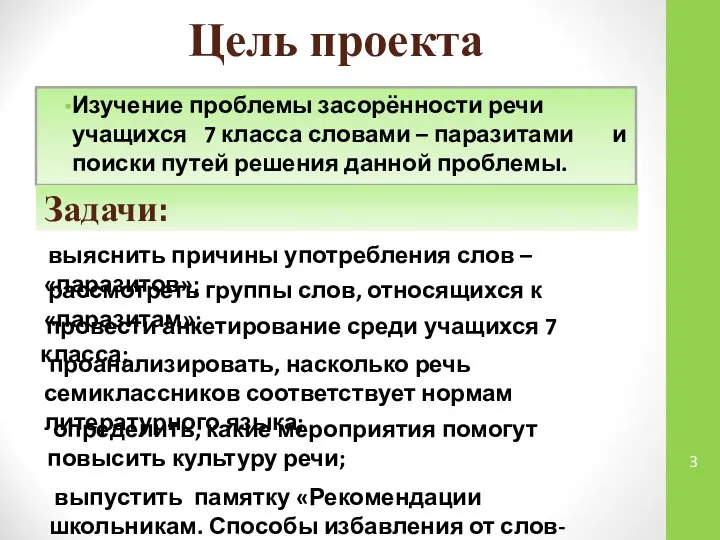 Цель проекта Изучение проблемы засорённости речи учащихся 7 класса словами –