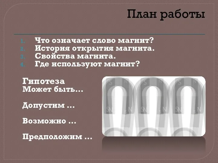 План работы Что означает слово магнит? История открытия магнита. Свойства магнита.