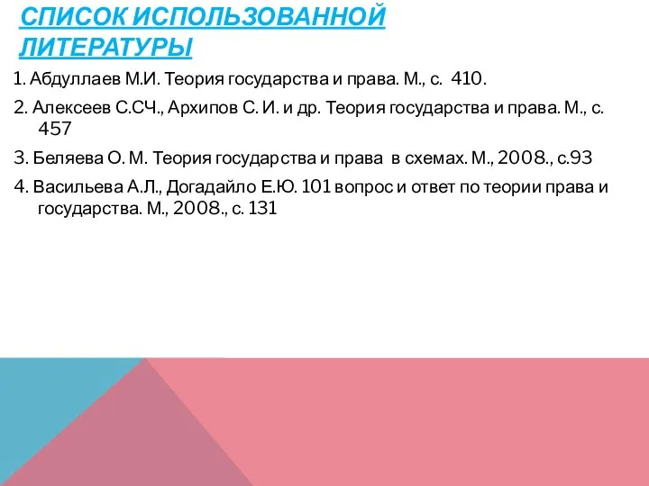 СПИСОК ИСПОЛЬЗОВАННОЙ ЛИТЕРАТУРЫ 1. Абдуллаев М.И. Теория государства и права. М.,