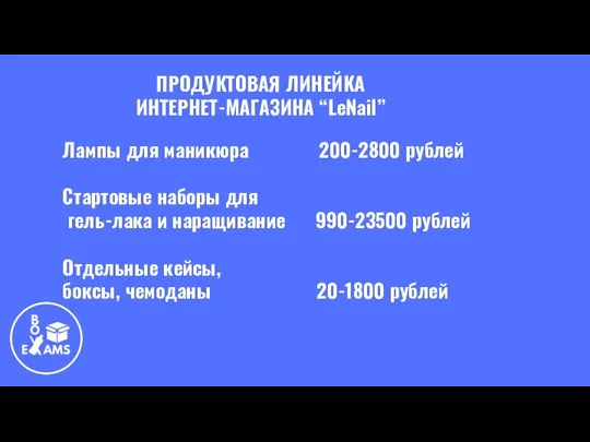 ПРОДУКТОВАЯ ЛИНЕЙКА ИНТЕРНЕТ-МАГАЗИНА “LeNail” Лампы для маникюра 200-2800 рублей Стартовые наборы