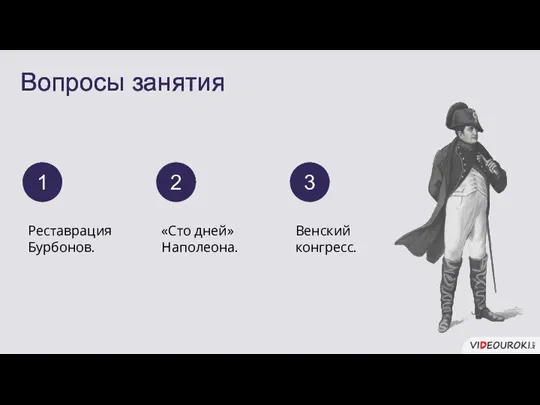 Вопросы занятия Реставрация Бурбонов. 1 «Сто дней» Наполеона. Венский конгресс. 2 3