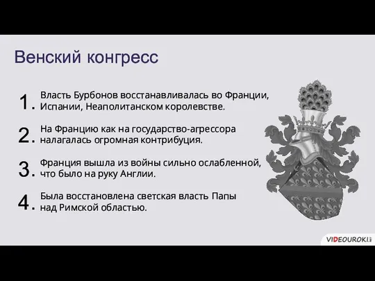 Венский конгресс 1. 2. 3. 4. Власть Бурбонов восстанавливалась во Франции,