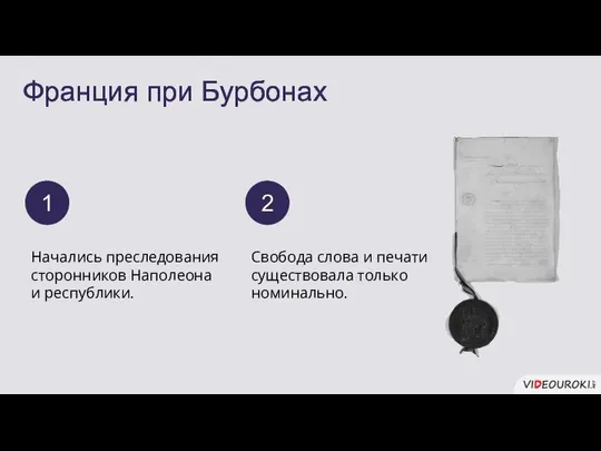 Франция при Бурбонах Начались преследования сторонников Наполеона и республики. 1 Свобода