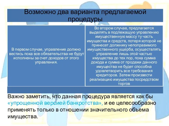 Важно заметить, что данная процедура является как бы «упрощенной версией банкротства»,