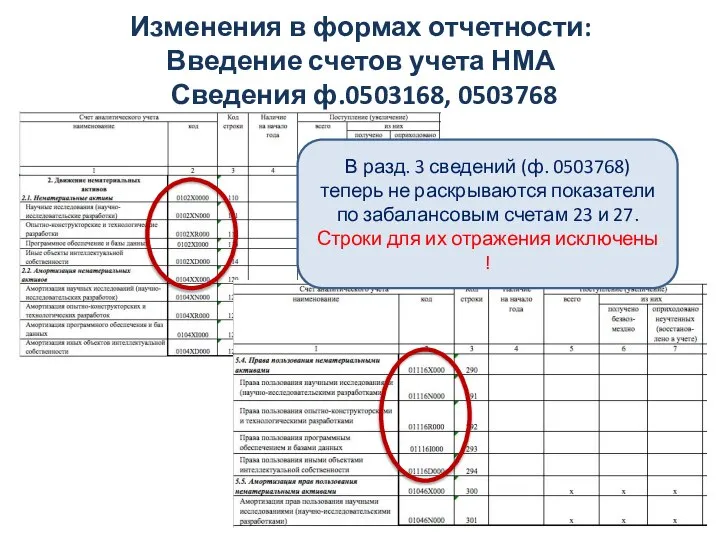 Изменения в формах отчетности: Введение счетов учета НМА Сведения ф.0503168, 0503768