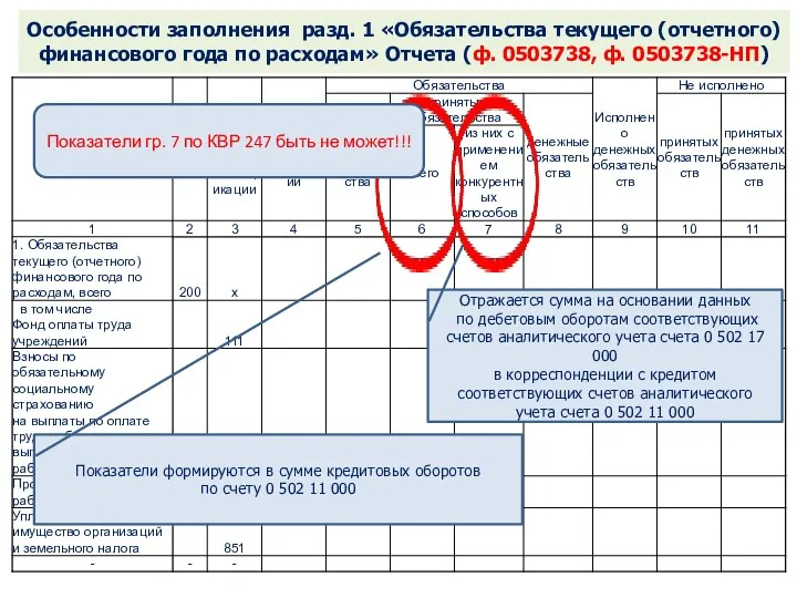 Особенности заполнения разд. 1 «Обязательства текущего (отчетного) финансового года по расходам»