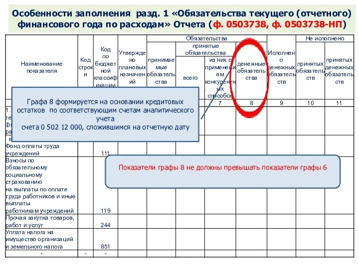 Особенности заполнения разд. 1 «Обязательства текущего (отчетного) финансового года по расходам»