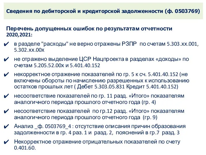 Сведения по дебиторской и кредиторской задолженности (ф. 0503769) Перечень допущенных ошибок