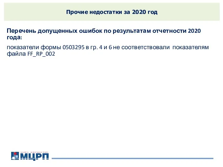 Прочие недостатки за 2020 год Перечень допущенных ошибок по результатам отчетности