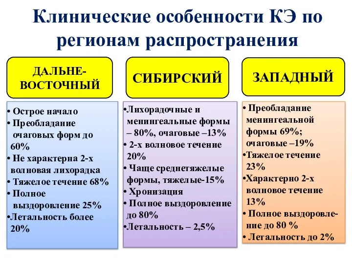 Клинические особенности КЭ по регионам распространения ДАЛЬНЕ- ВОСТОЧНЫЙ СИБИРСКИЙ ЗАПАДНЫЙ Острое