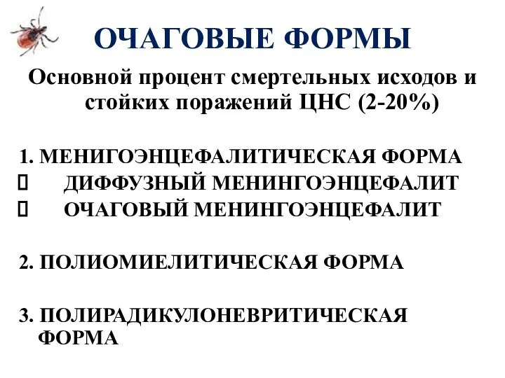 ОЧАГОВЫЕ ФОРМЫ Основной процент смертельных исходов и стойких поражений ЦНС (2-20%)