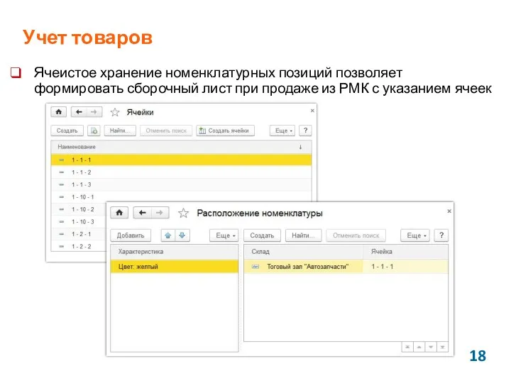 Учет товаров Ячеистое хранение номенклатурных позиций позволяет формировать сборочный лист при