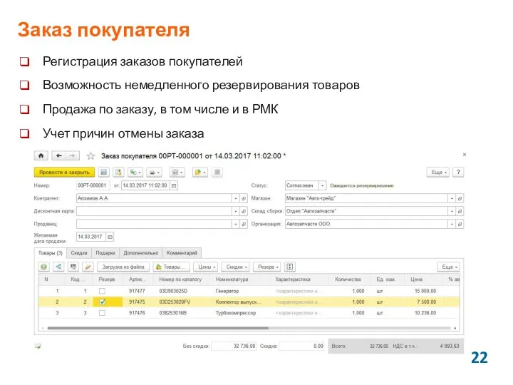 Заказ покупателя Регистрация заказов покупателей Возможность немедленного резервирования товаров Продажа по