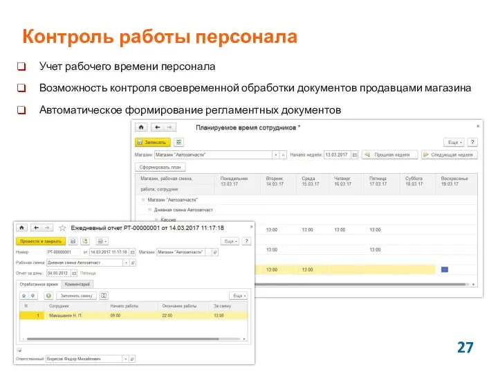 Контроль работы персонала Учет рабочего времени персонала Возможность контроля своевременной обработки