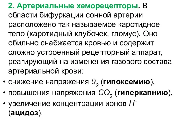 2. Артериальные хеморецепторы. В области бифуркации сонной артерии расположено так называемое