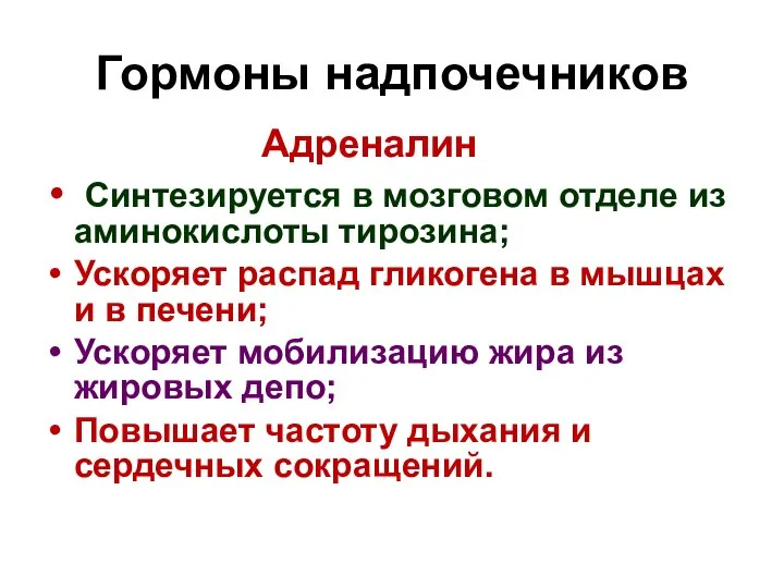 Гормоны надпочечников Адреналин Синтезируется в мозговом отделе из аминокислоты тирозина; Ускоряет