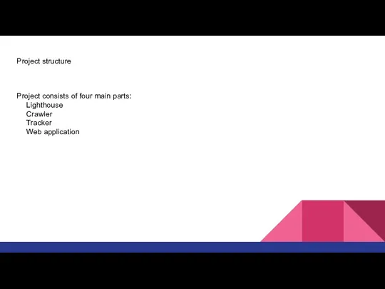 Project structure Project consists of four main parts: Lighthouse Crawler Tracker Web application