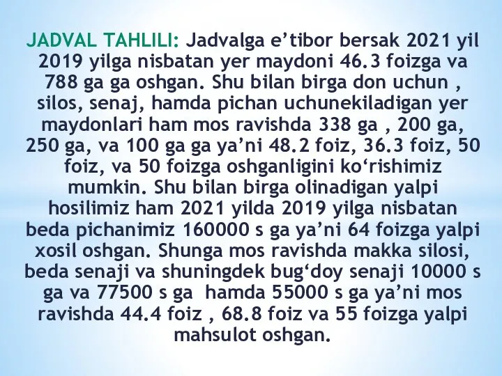 JADVAL TAHLILI: Jadvalga e’tibor bersak 2021 yil 2019 yilga nisbatan yer