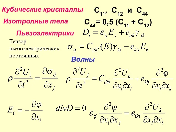 Изотропные тела С44= 0,5 (С11 + С12) Волны Тензор пьезоэлектрических постоянных