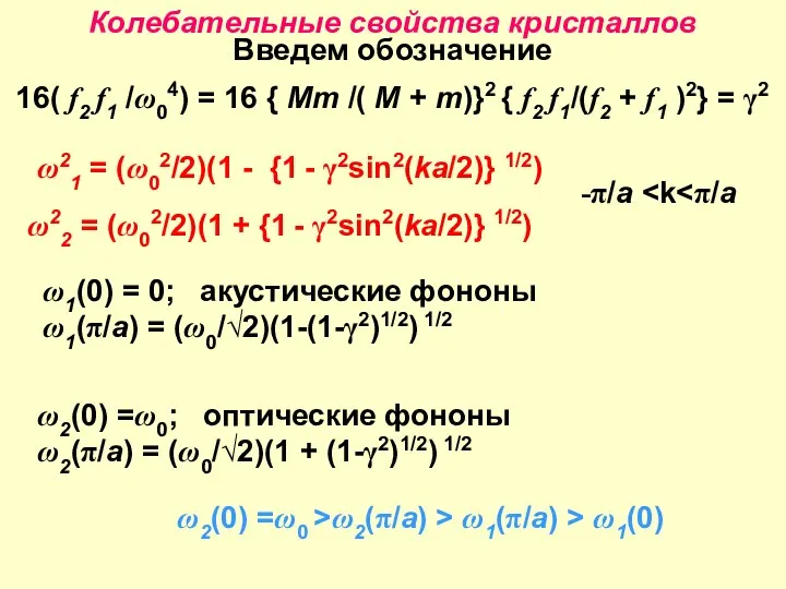 Колебательные свойства кристаллов Введем обозначение 16( f2 f1 /ω04) = 16