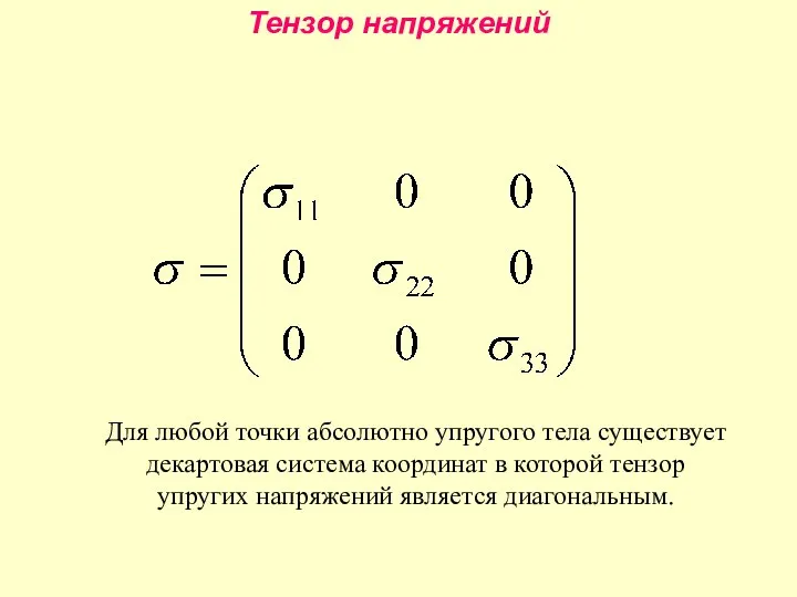 Тензор напряжений Для любой точки абсолютно упругого тела существует декартовая система