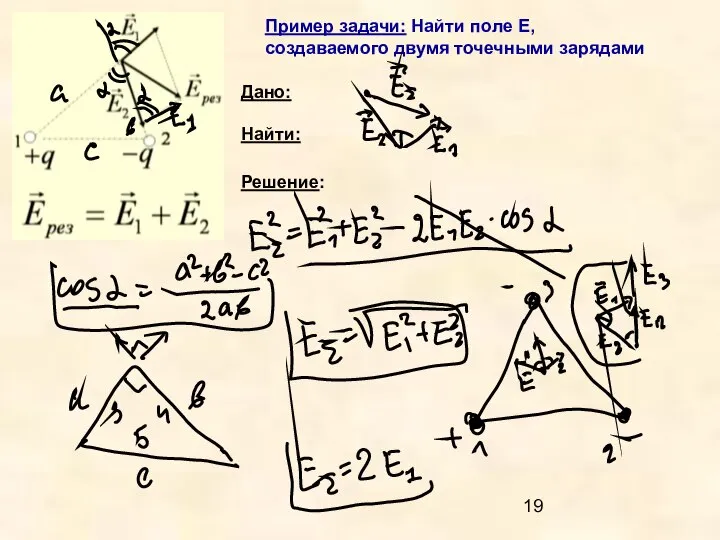 Пример задачи: Найти поле Е, создаваемого двумя точечными зарядами Дано: Найти: Решение: