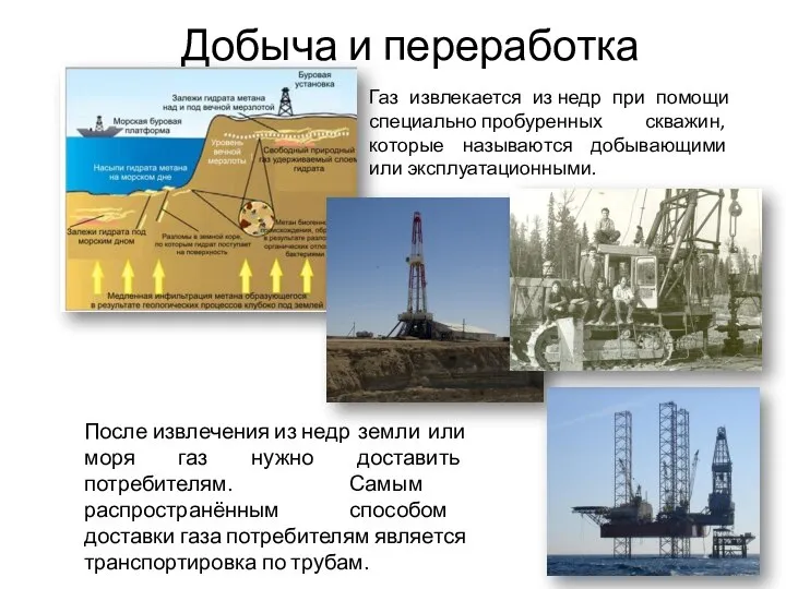 Добыча и переработка Газ извлекается из недр при помощи специально пробуренных