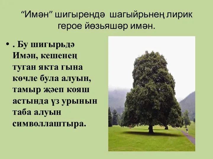 “Имән” шигырендә шагыйрьнең лирик герое йөзьяшәр имән. . Бу шигырьдә Имән,