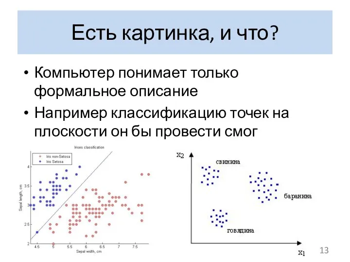 Есть картинка, и что? Компьютер понимает только формальное описание Например классификацию