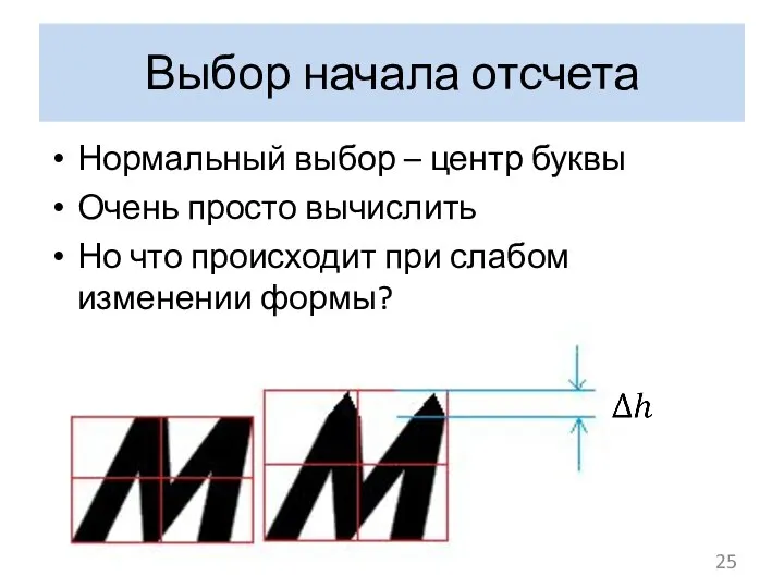 Выбор начала отсчета Нормальный выбор – центр буквы Очень просто вычислить