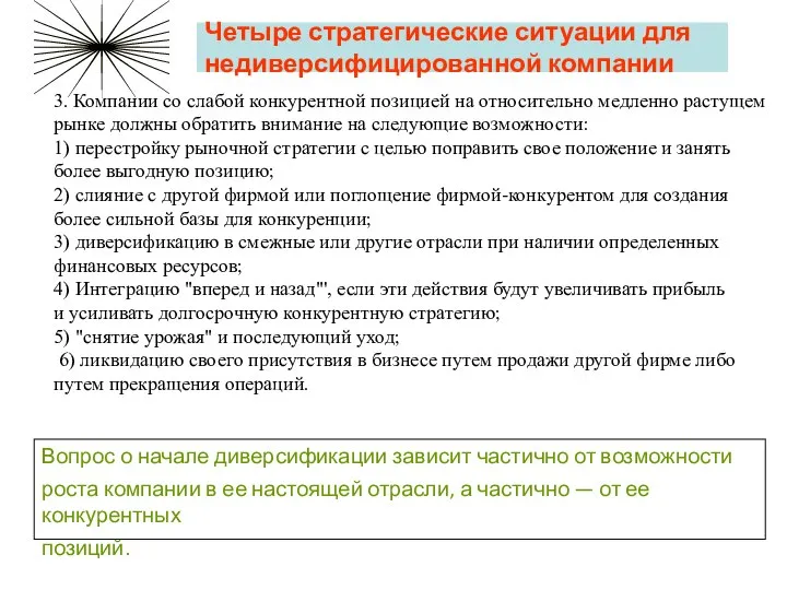 Четыре стратегические ситуации для недиверсифицированной компании 3. Компании со слабой конкурентной