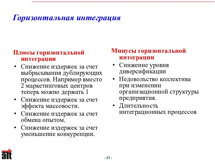 Горизонтальная интеграция Плюсы горизонтальной интеграции Снижение издержек за счет выбрасывания дублирующих