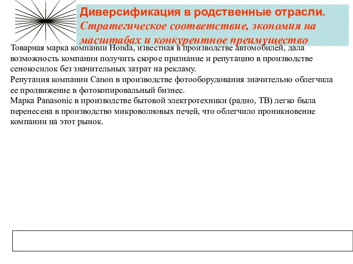 Диверсификация в родственные отрасли. Стратегическое соответствие, экономия на масштабах и конкурентное