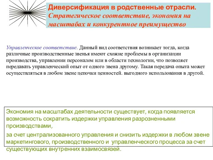 Диверсификация в родственные отрасли. Стратегическое соответствие, экономия на масштабах и конкурентное