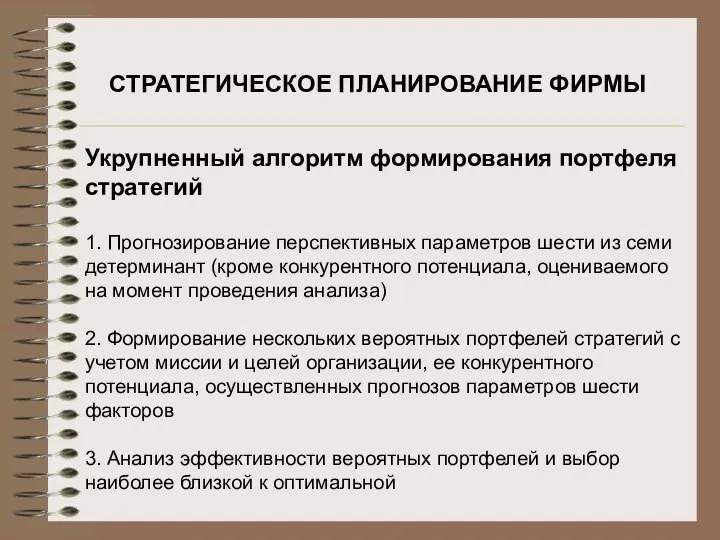 СТРАТЕГИЧЕСКОЕ ПЛАНИРОВАНИЕ ФИРМЫ Укрупненный алгоритм формирования портфеля стратегий 1. Прогнозирование перспективных